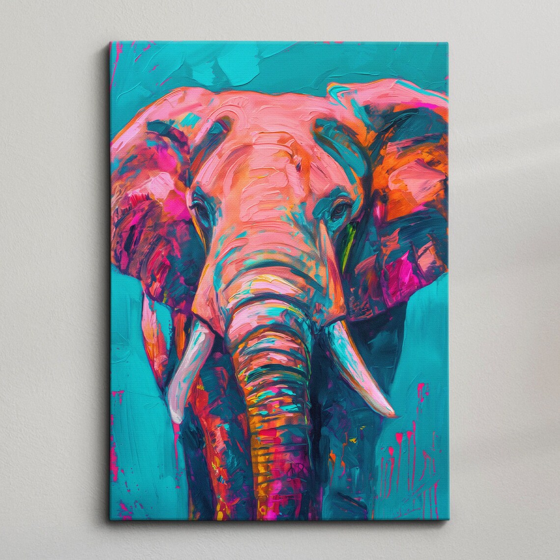 Vibrant Pop Art Elephant Head Pink Orange Turquoise Canvas Poster