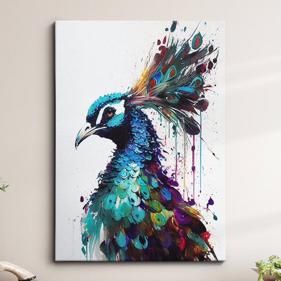 Beautiful Peacock Animal Abstract Bird Oil Painting Splatter Style Wall Art Framed Canvas Poster Print Home Office Room Decor Gifts