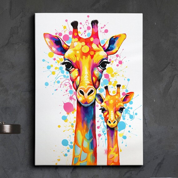 Colorful Giraffe Pair Glasses Abstract Oil Painting Style Wall Art Framed Canvas Poster Print Home Kitchen Office Room Decor Gifts