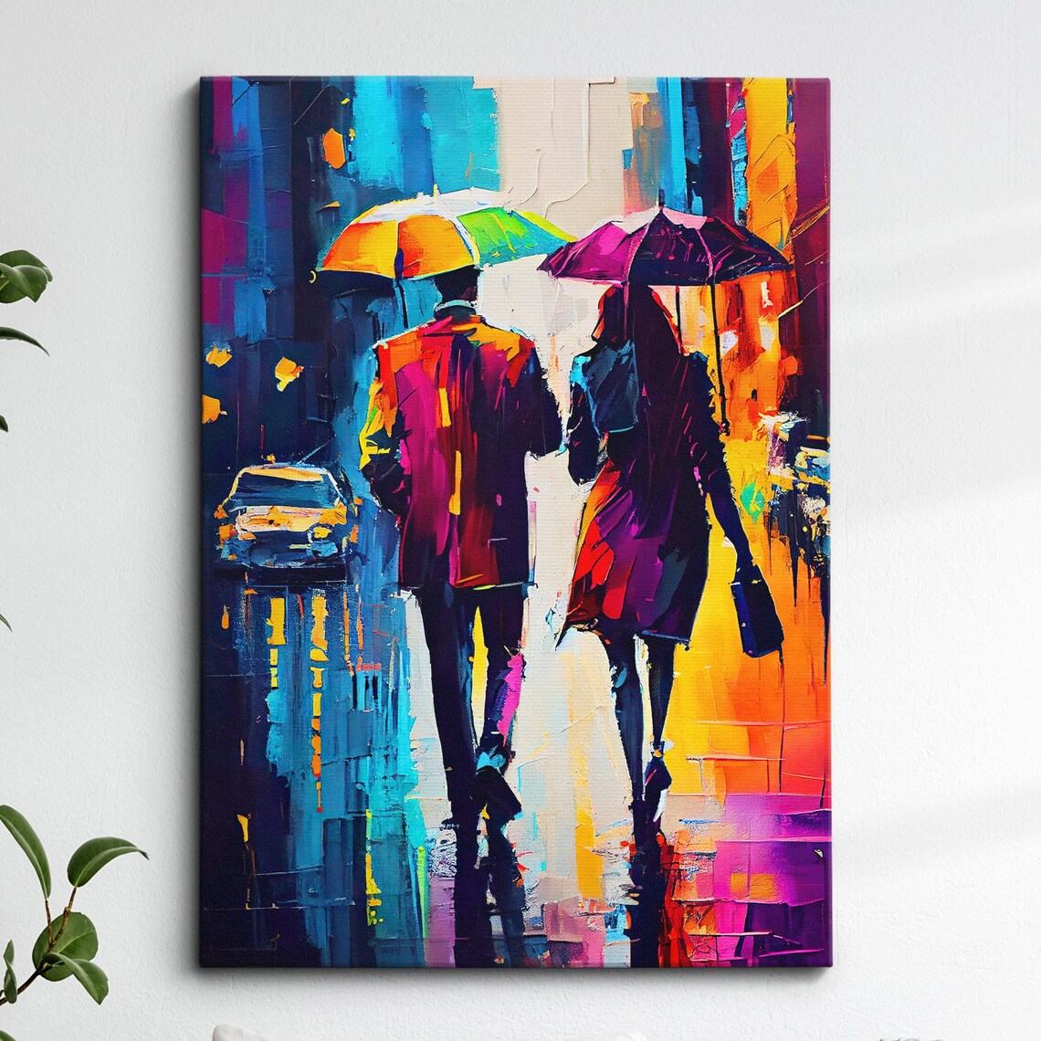Couple With Colorful Umbrellas Rainy City Street Abstract Poster