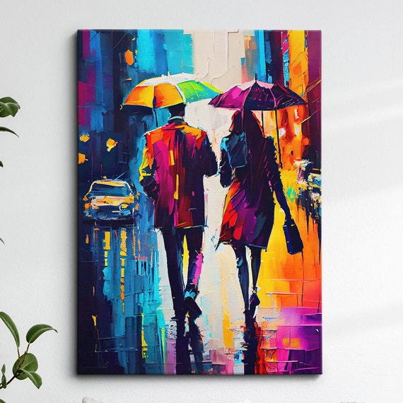Couple Walking In The City Umbrella Abstract Oil Painting Style Wall Art Framed Canvas Poster Print Home Kitchen Office Room Decor Gifts