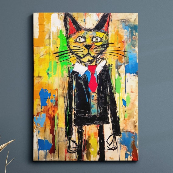 Colorful Cat Picasso Basquiat Abstract Oil Painting Style Wall Art Framed Canvas Poster Print Home Kitchen Office Room Decor