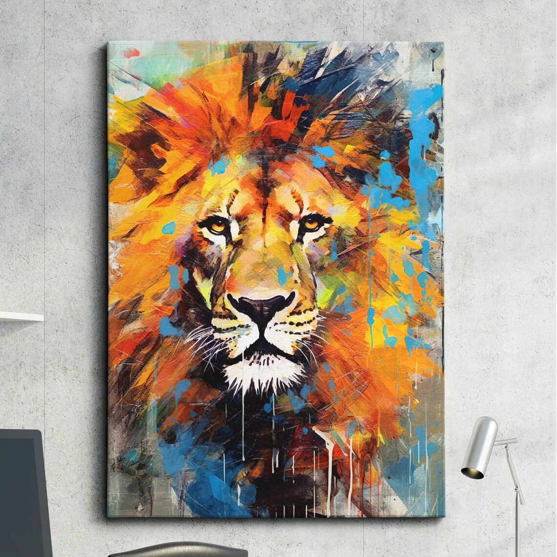 Majestic Colorful Lion Face Fiery Abstract Wildlife Painting Poster