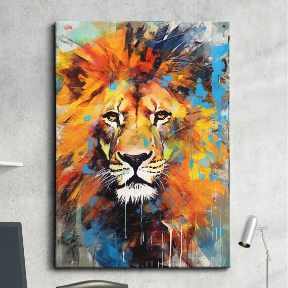 Majestic Colorful Lion Face Fiery Abstract Wildlife Painting Poster