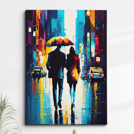 Couple Walking In The City Abstract Oil Painting Style Wall Art Framed Canvas Poster Print Home Kitchen Office Room Decor Gifts