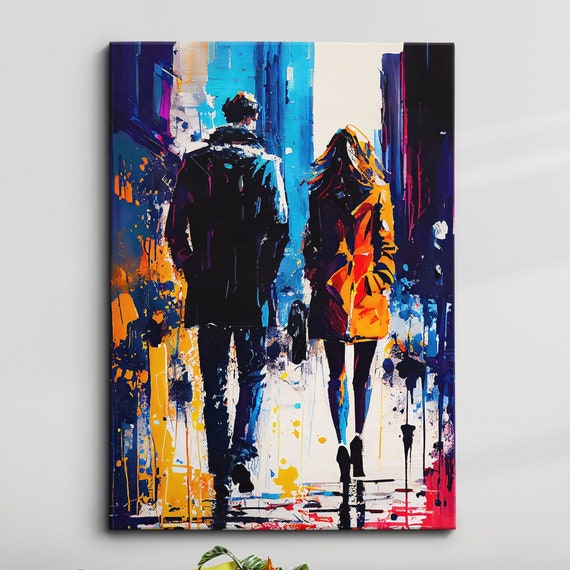 Couple Walking In The City Abstract Oil Painting Style Wall Art Framed Canvas Poster Print Home Kitchen Office Room Decor Gifts
