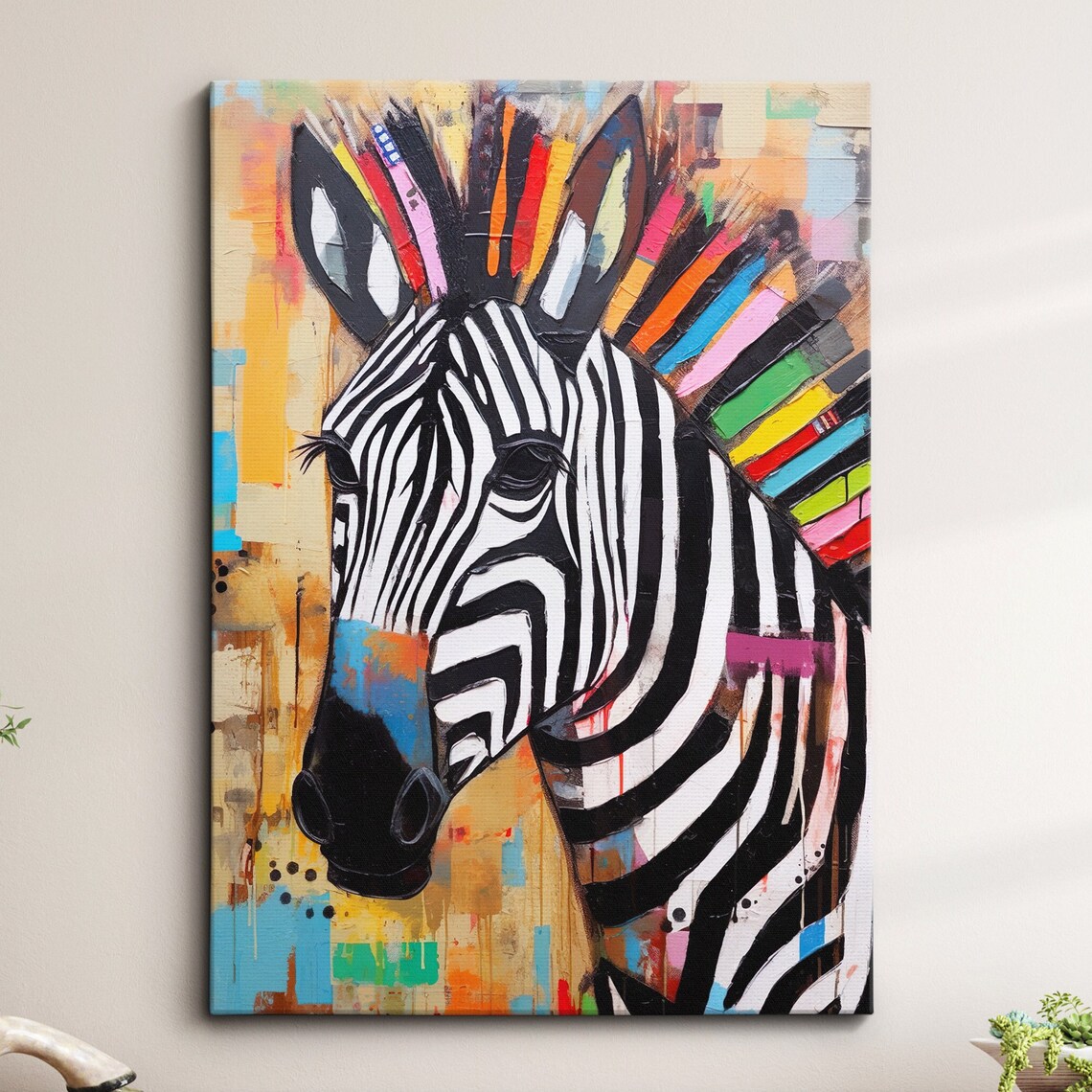 Striking Wild Bold Zebra with Rainbow Mane Pop Art Animal Poster