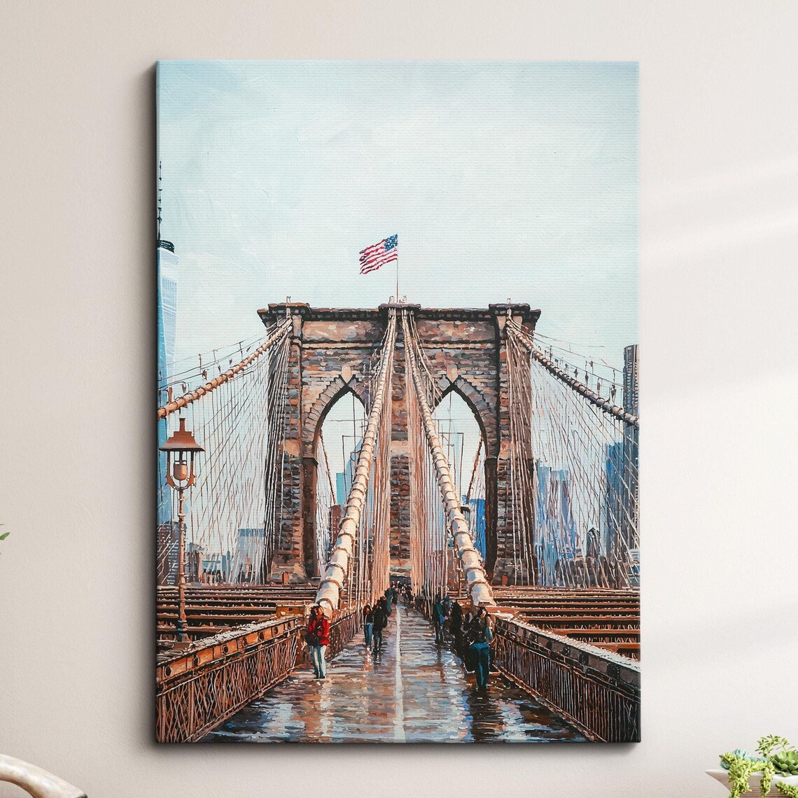 Brooklyn Bridge Pedestrians Walkway Oil Painting NYC Poster Art