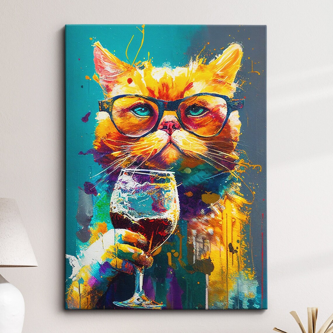 Stylish Cat Wearing Glasses Red Wine Colorful Humor Art Poster