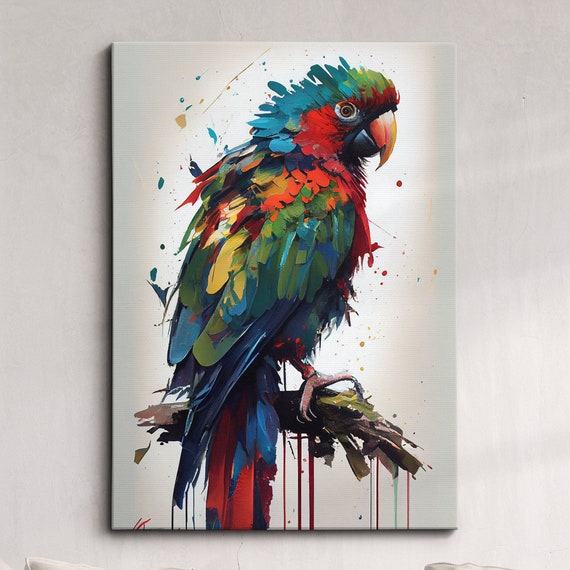 Colorful Parrot Bird Abstract Oil Painting Splatter Style Wall Art Framed Canvas Poster Print Home Kitchen Office Room Decor Gifts