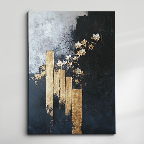 Modern Abstract Black Gold Minimalist Geometric Oil Painting Wall Art Framed Canvas Poster Print Home Living Room Decor Gift Ideas