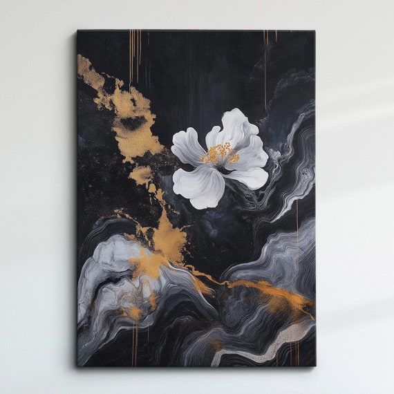 Modern Abstract Black Gold Minimalist Floral Oil Painting Wall Art Framed Canvas Poster Print Home Living Room Decor Gift Ideas