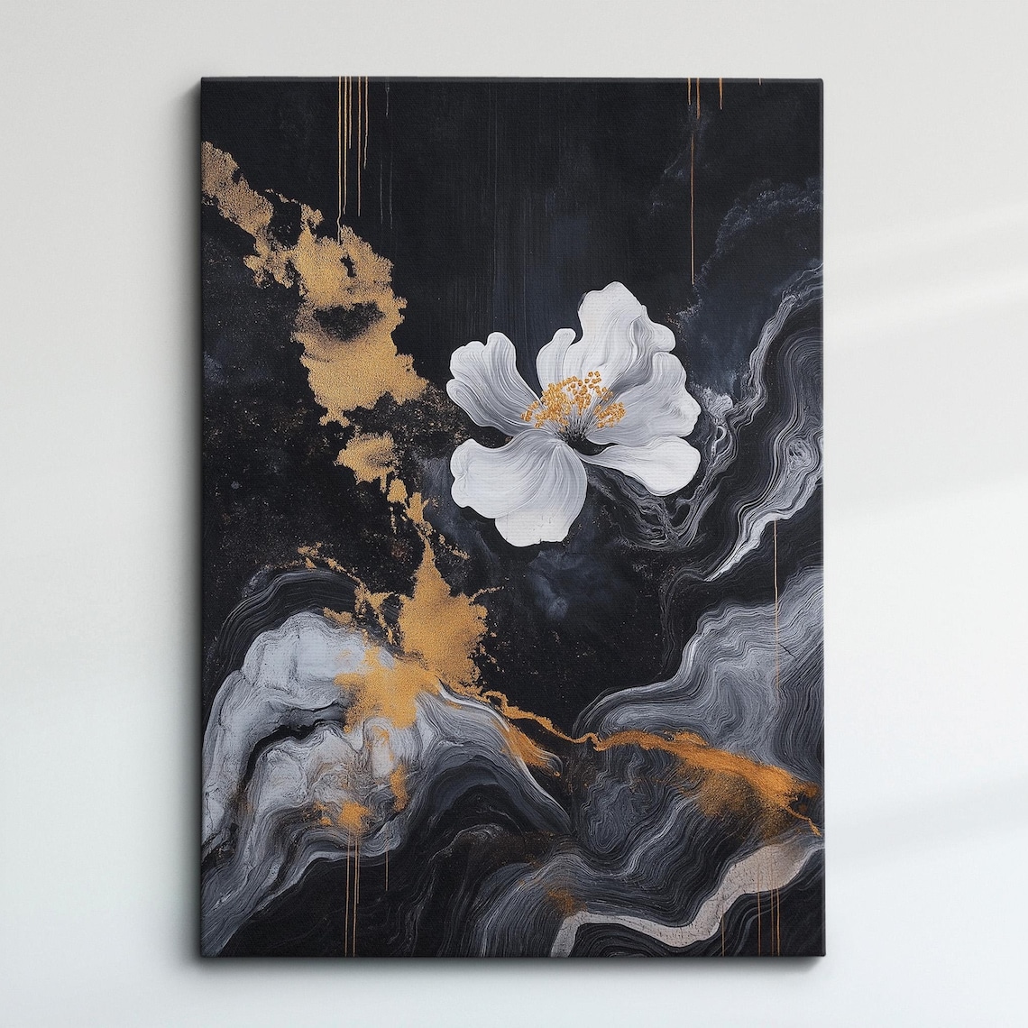 Black Gold And White Floral Modern Abstract Oil Painting Poster