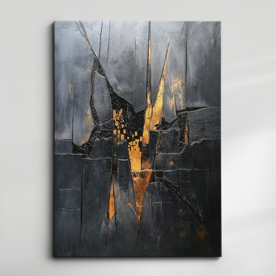Modern Abstract Black Gold Minimalist Geometric Oil Painting Wall Art Framed Canvas Poster Print Home Living Room Decor Gift Ideas