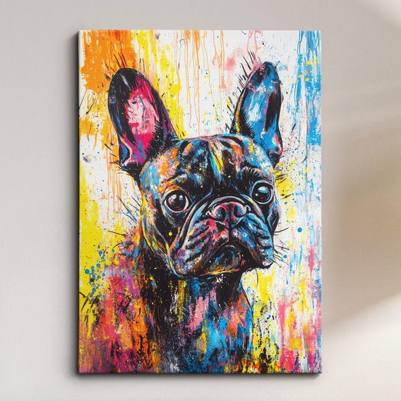 French Bulldog Cute Dog Pet Abstract Modern Painting Wall Art Oil Framed Canvas Poster Print Home Kitchen Office Room Decor Gift
