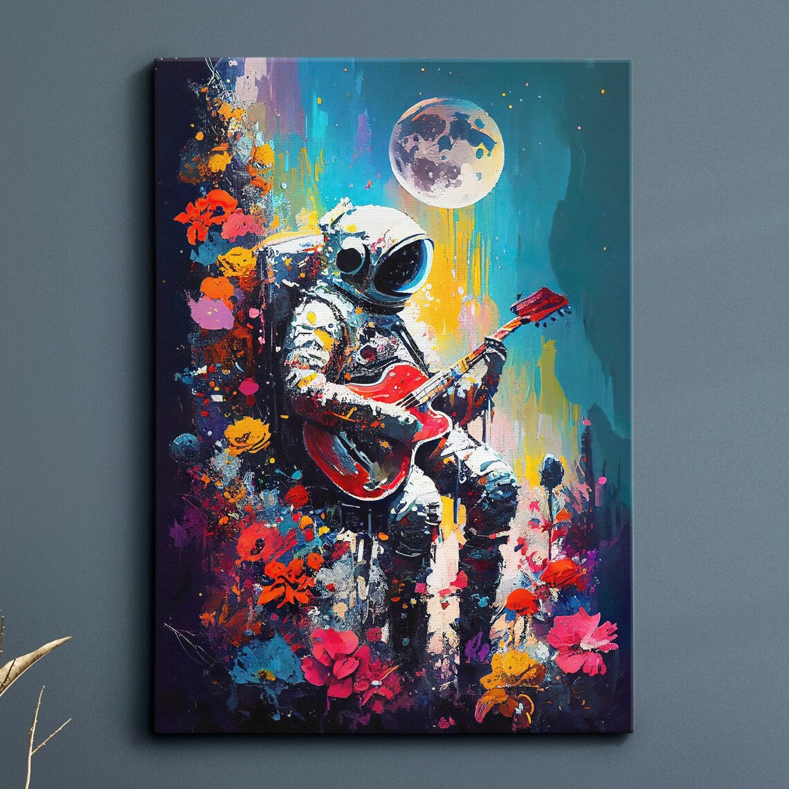 Astronaut Playing Red Guitar Under the Moon Floral Art Poster