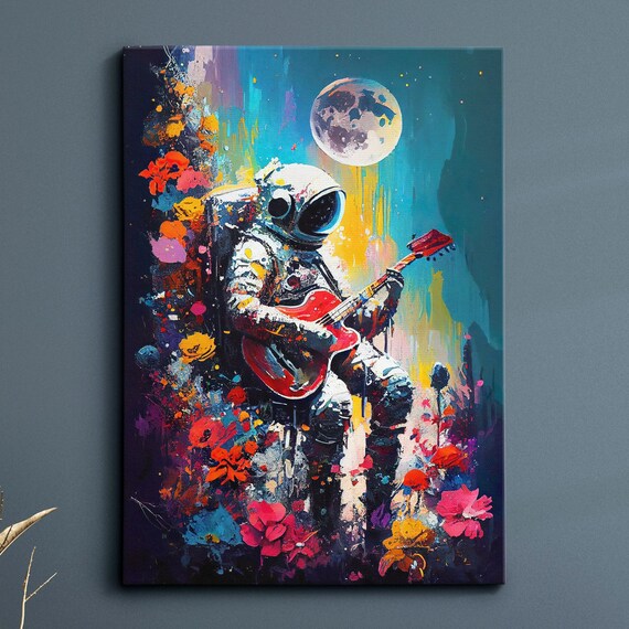 Astronaut Playing Red Guitar Under the Moon Floral Art Poster