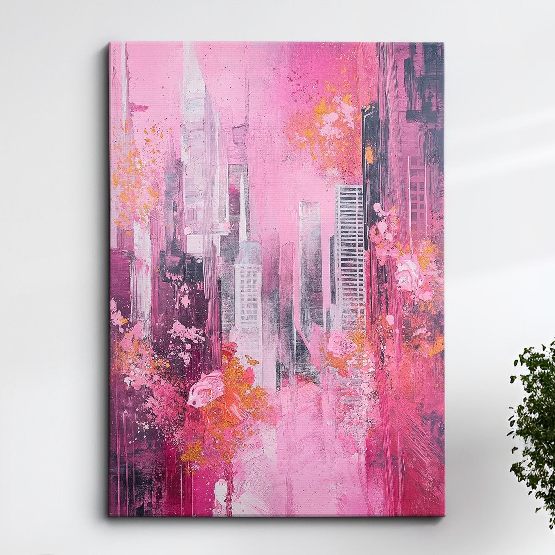 Pink And Grey Abstract Cityscape Painting Modern Canvas Wall Art
