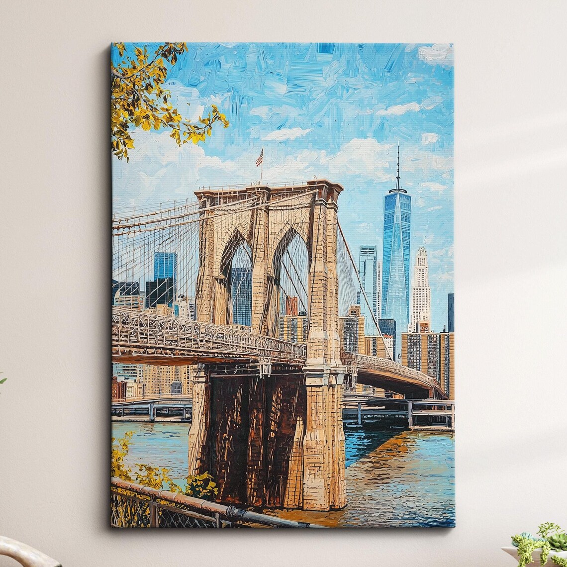 Brooklyn Bridge Golden Autumn Riverfront Skyline Oil Painting Poster