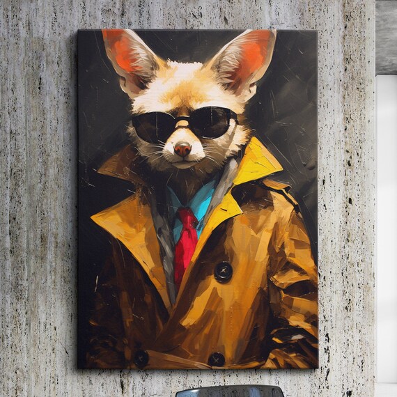 Secret Service Fox Animal Abstract Oil Painting Splatter Style Wall Art Framed Canvas Poster Print Home Kitchen Office Room Decor