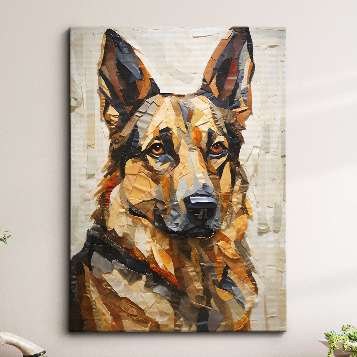 German Shepherd Paper Mache Portrait Warm Neutral Tones Dog Poster