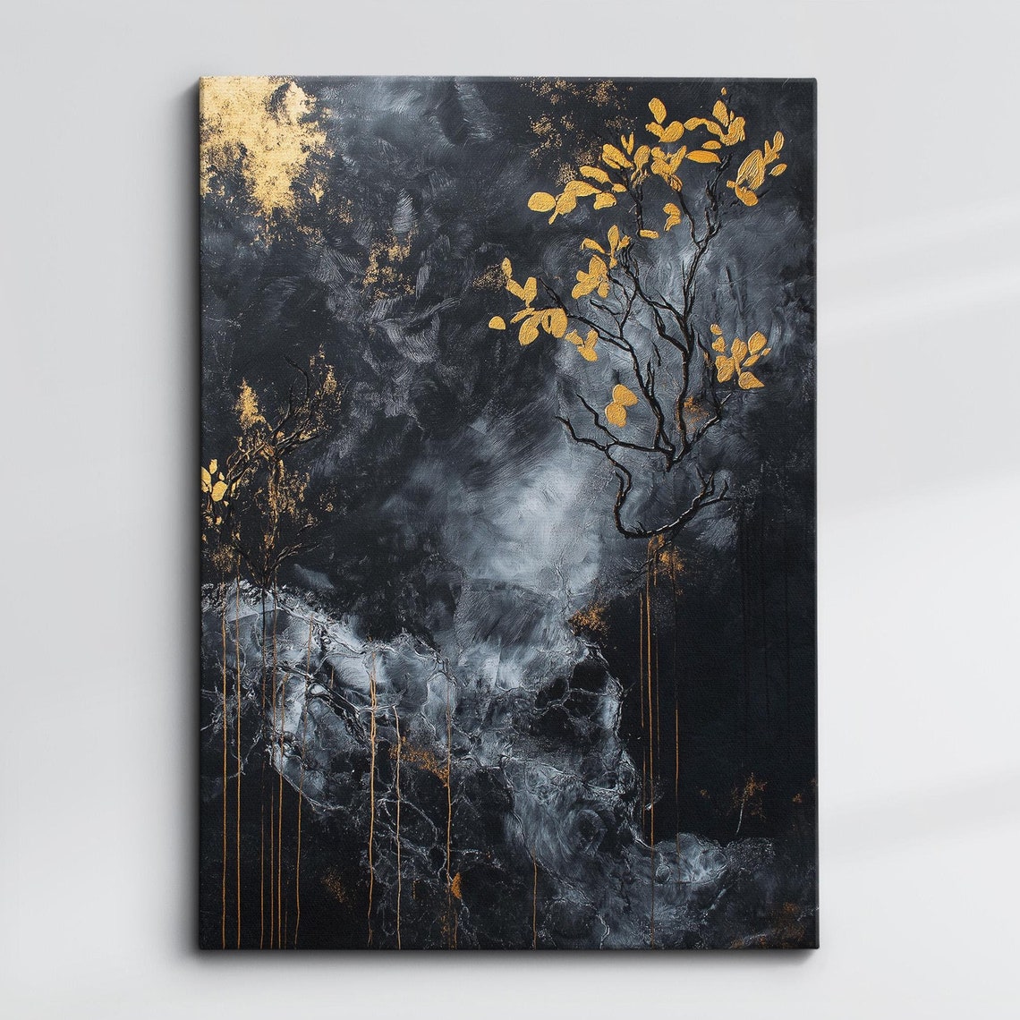 Black And Gold Abstract Tree With Golden Leaves Modern Art Poster
