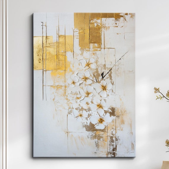 Modern Abstract White Gold Minimalist Geometric Oil Painting Wall Art Framed Canvas Poster Print Home Living Room Decor Gift Ideas