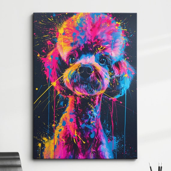 Colorful Poodle Fun Animal Dog Pet Lover Abstract Oil Painting Wall Art Framed Canvas Poster Print Home Kitchen Living Room Decor Gifts