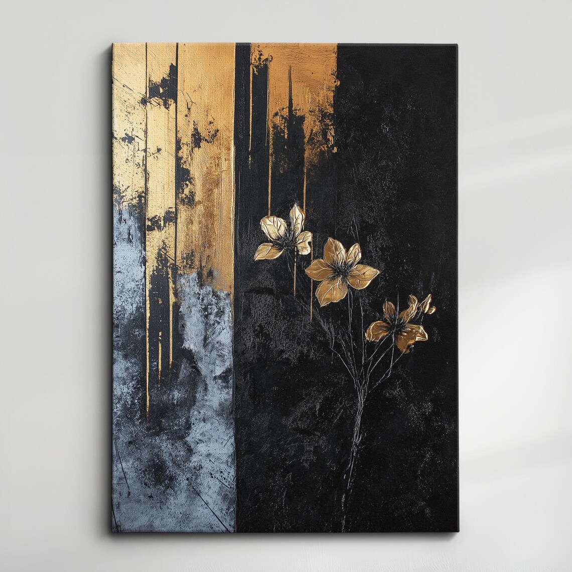Gold Flowers On Black Abstract Modern Gold Leaf Oil Painting Poster