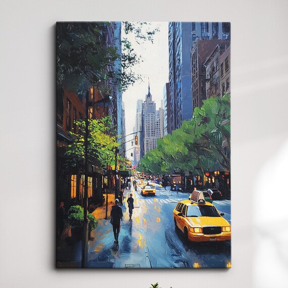 New York City Rainy Night Street Yellow Taxi Oil Painting Poster