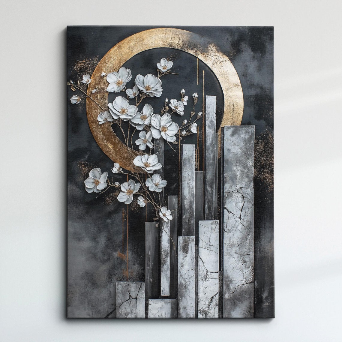 Grey Gold Geometric Cityscape White Blossom Abstract Art Poster