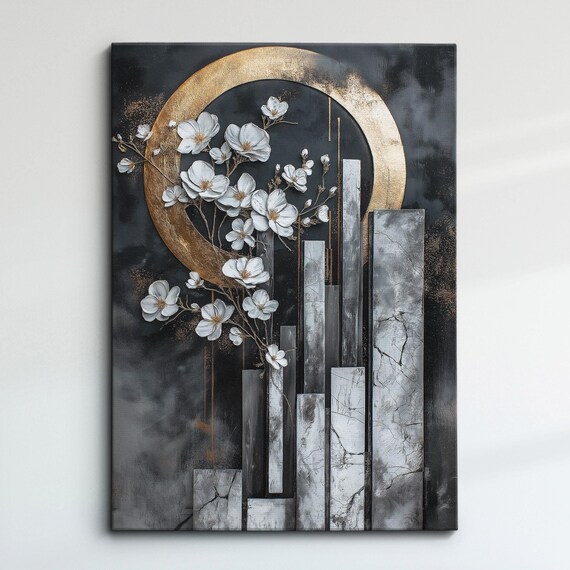 Grey Gold Geometric Cityscape White Blossom Abstract Art Poster