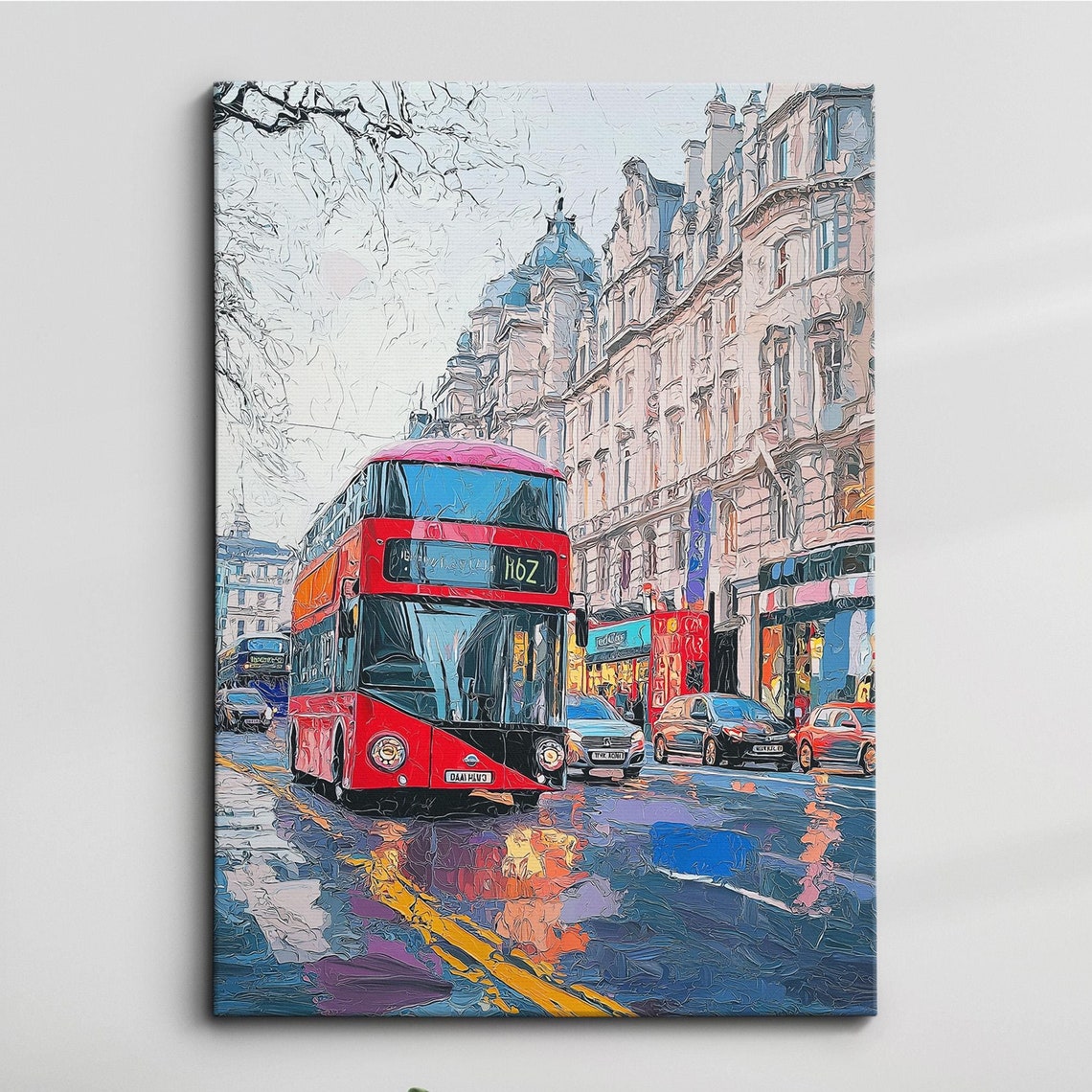 London Oxford Street Red Bus Oil Painting Palette Knife Style Wall Art Framed Canvas Poster Print Kitchen Living Room Home Decor Gifts