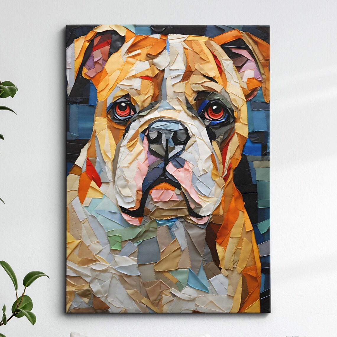 Bulldog Paper Mache Style Colorful Torn Paper Dog Portrait Poster