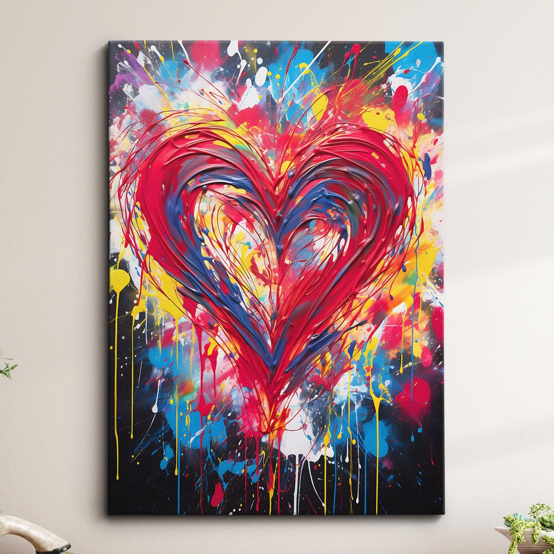 Colorful Heart Burst Splatter Paint Abstract Modern Canvas Art Poster