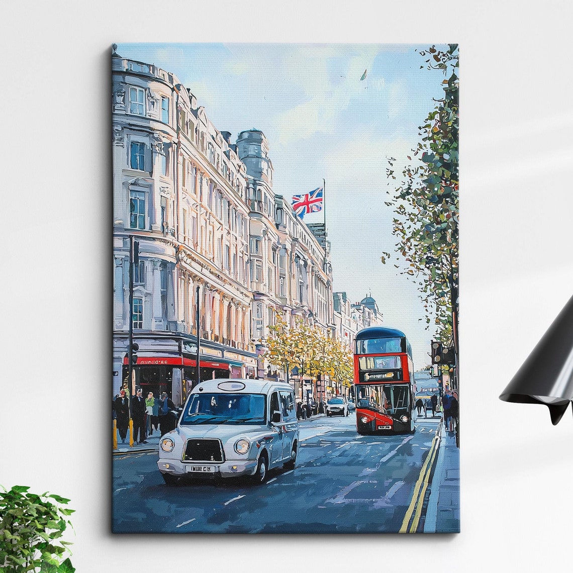 London Oxford Street Red Bus Oil Painting Palette Knife Style Wall Art Framed Canvas Poster Print Kitchen Living Room Home Decor Gifts