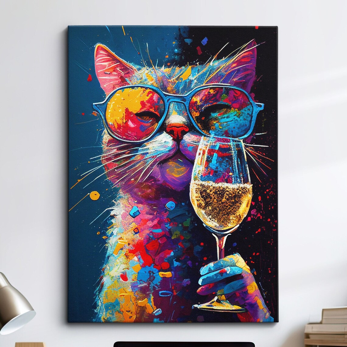 Funny Cool Cat Sunglasses Champagne Glass Pop Art Animal Poster