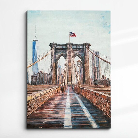 Brooklyn Bridge Golden Hour Walkway Oil Painting New York Poster