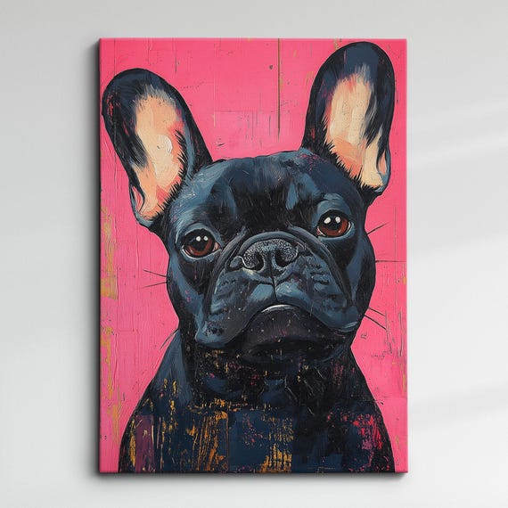 French Bulldog Fun Minimal Animal Dog Pet Lover Abstract Oil Painting Wall Art Framed Canvas Poster Print Home Kitchen Living Room Decor