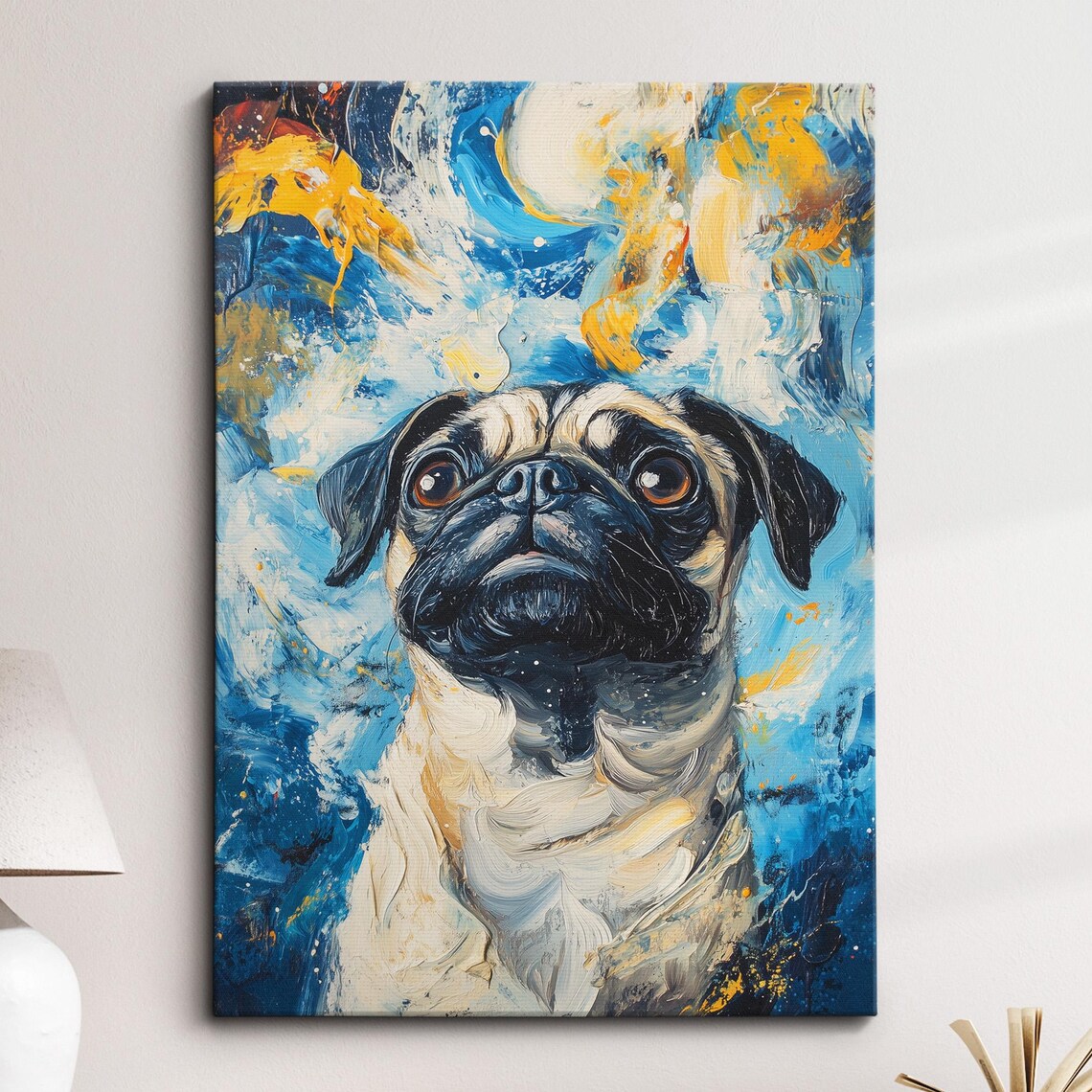 Pug Dog Starry Swirl Abstract Blue Oil Painting Style Poster