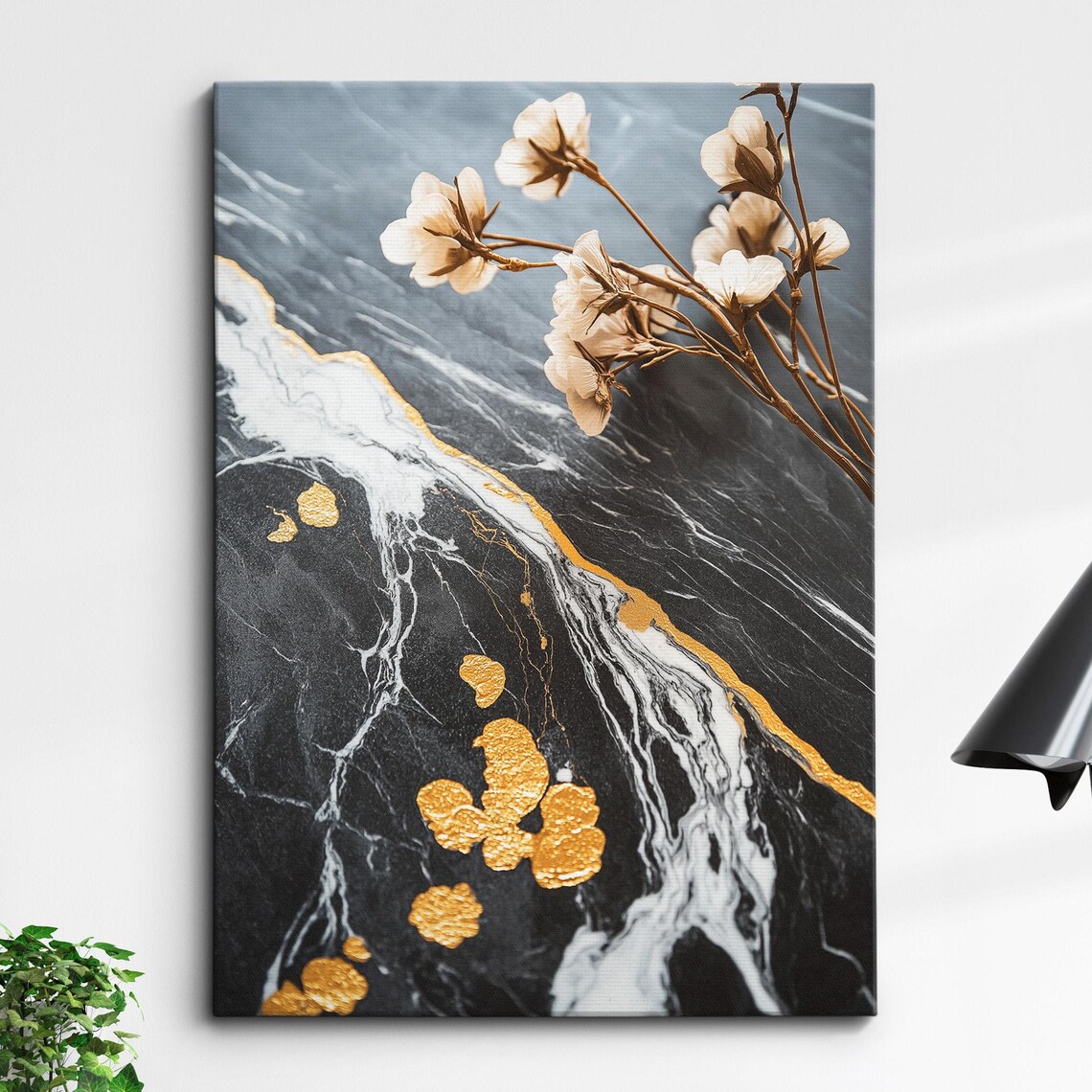 Black Gold Marble White Blossom Abstract Floral Oil Painting Poster