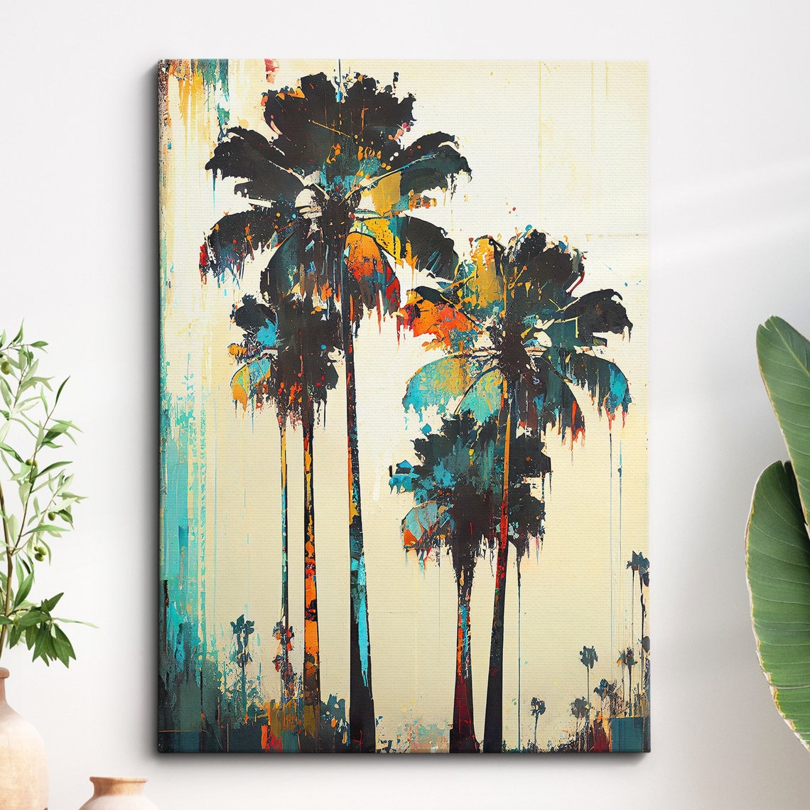 Bright Colorful Palm Trees Modern Abstract Painting Wall Art Framed Canvas Poster Print Home Kitchen Office Room Decor Gifts