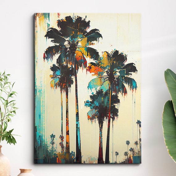 Bright Colorful Palm Trees Modern Abstract Painting Wall Art Framed Canvas Poster Print Home Kitchen Office Room Decor Gifts