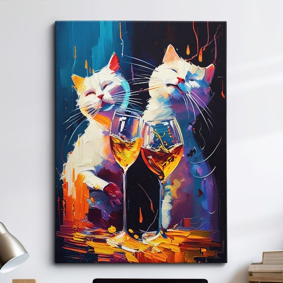 Colorful Cats Drinking Party Pet Abstract Modern Oil Painting Wall Art Framed Canvas Poster Print Home Kitchen Office Room Decor Gifts
