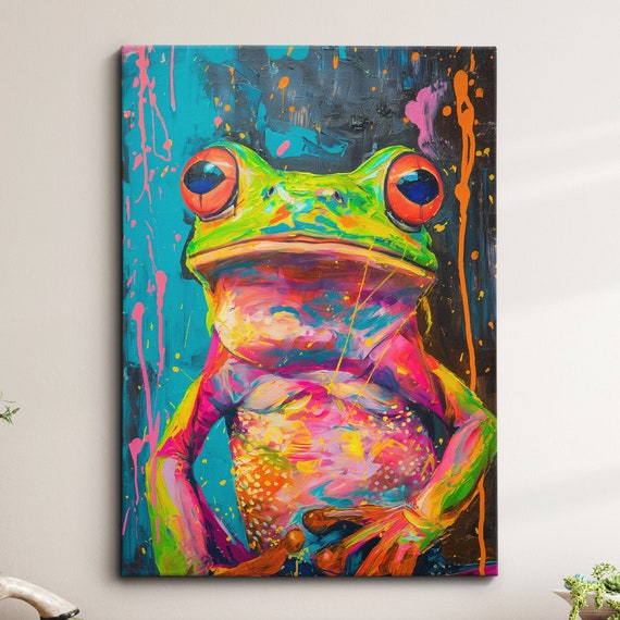 Colorful Frog Abstract Oil Painting Pop Art Style Wall Framed Canvas Poster Print Home Kitchen Living Room Decor Animal Gifts