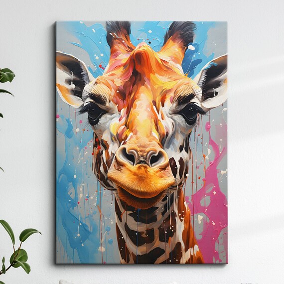 Colorful Giraffe Animal Abstract Oil Painting Splatter Style Wall Art Framed Canvas Poster Print Home Kitchen Office Room Decor