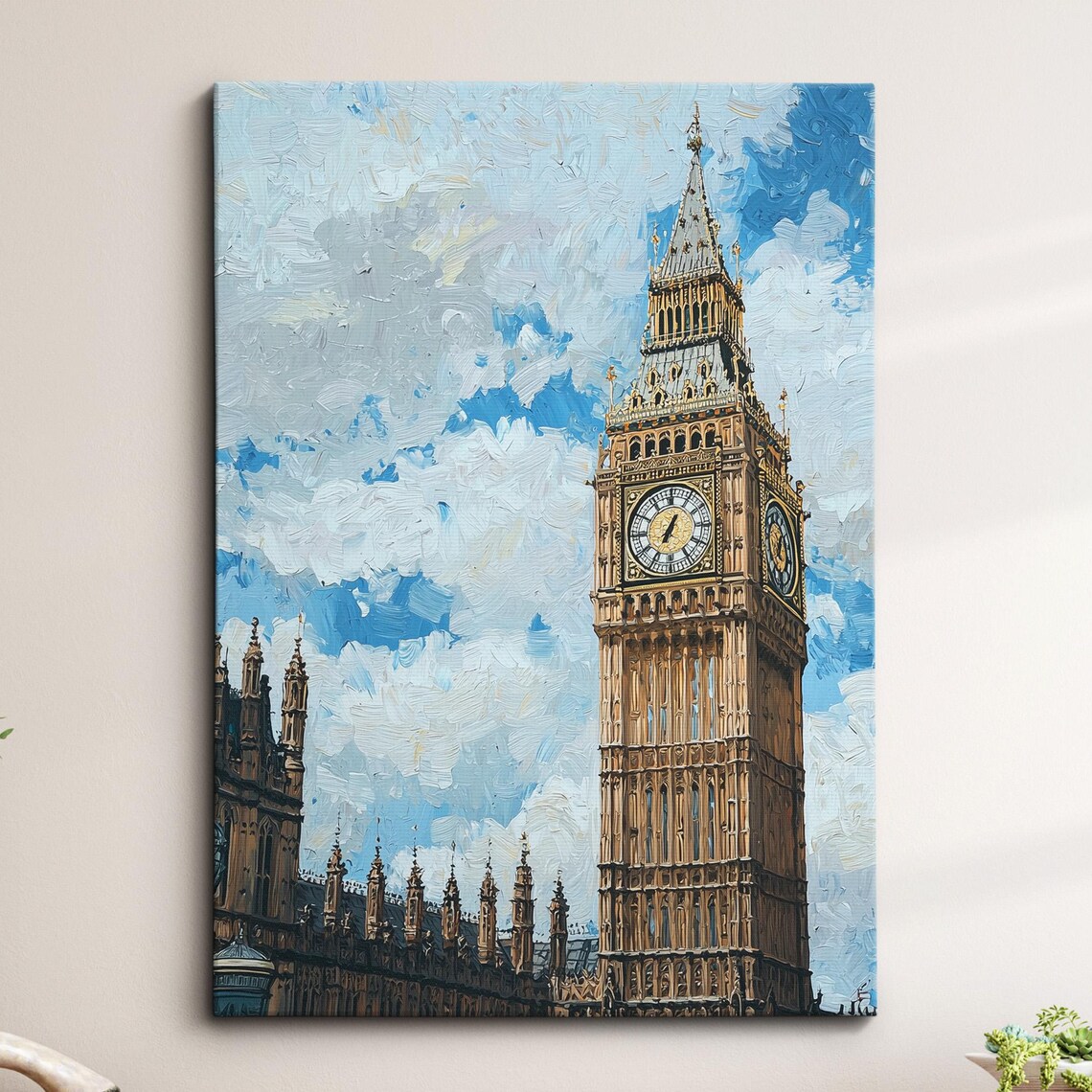 Elizabeth Tower Big Ben Against Blue Impasto Sky Painting Poster