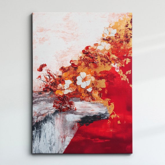 Modern Abstract Red White Floral Geometric Oil Painting Wall Art Framed Canvas Poster Print Home Living Room Decor Gifts Ideas