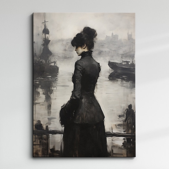Lady In Black Foggy Harbor Moody Vintage Oil Painting Style Art Print
