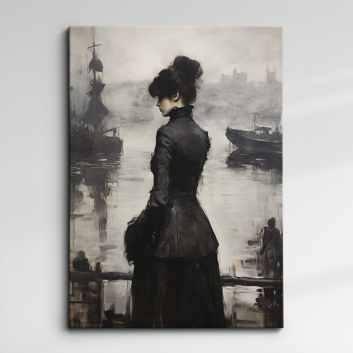Lady In Black Foggy Harbor Moody Vintage Oil Painting Style Art Print